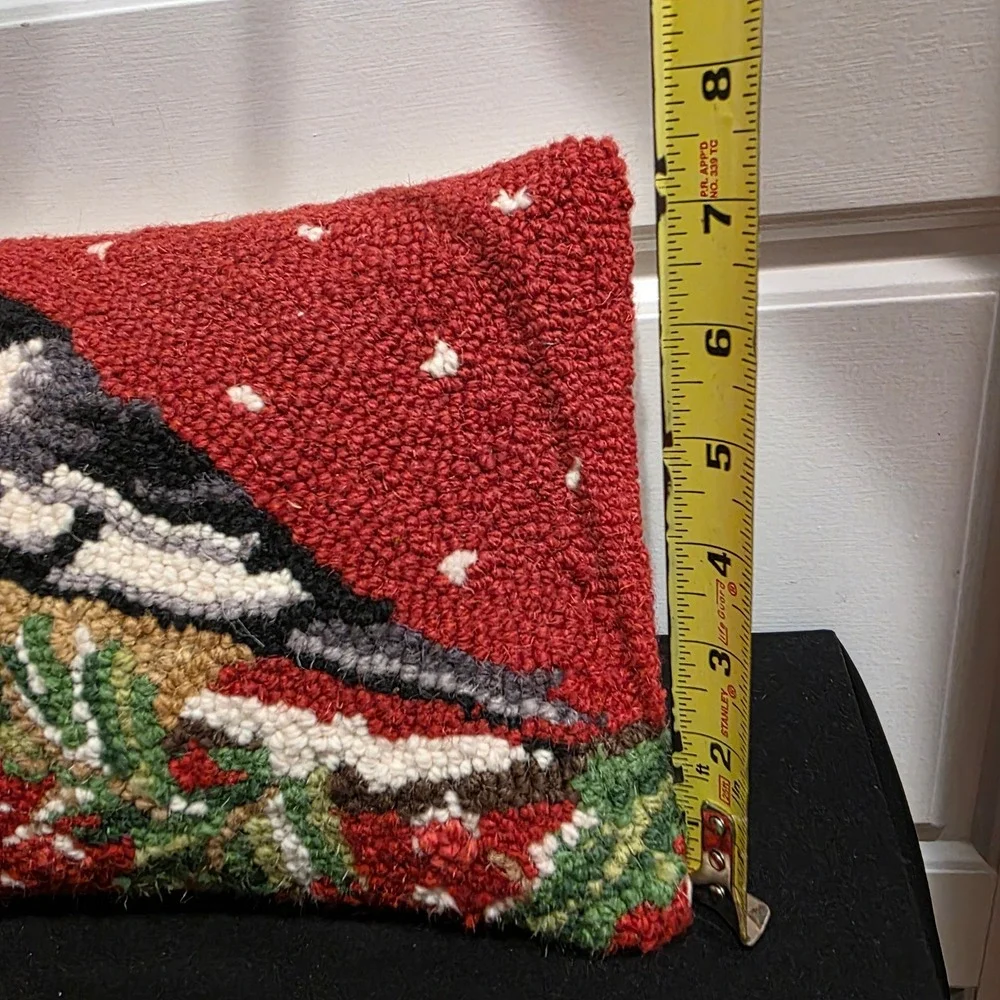 Vintage Hand Hooked Wool Chickadee Bird Accent Pillow, Red, Christmas Decor